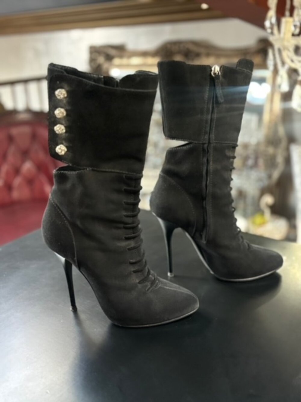 Giuseppe Zanotti Zadina Suede Boots 14" Height 5" Heel Size 39 w/4 crystal balls
